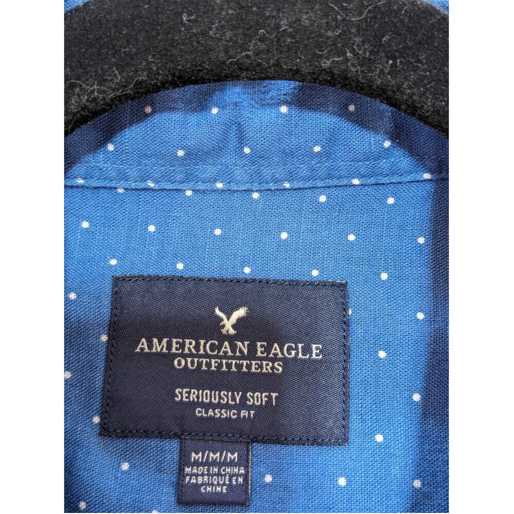 American Eagle Shirt Mens Medium Blue Dotted Print Long Sleeve Button Linen Blnd - Picture 2 of 8